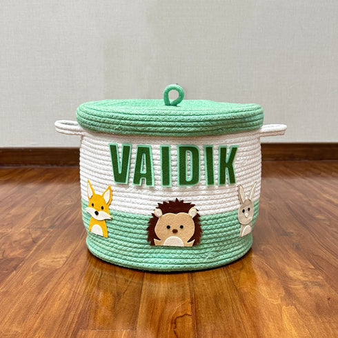 Woodland Animals Green Rope Personalised Storage Basket with Lid